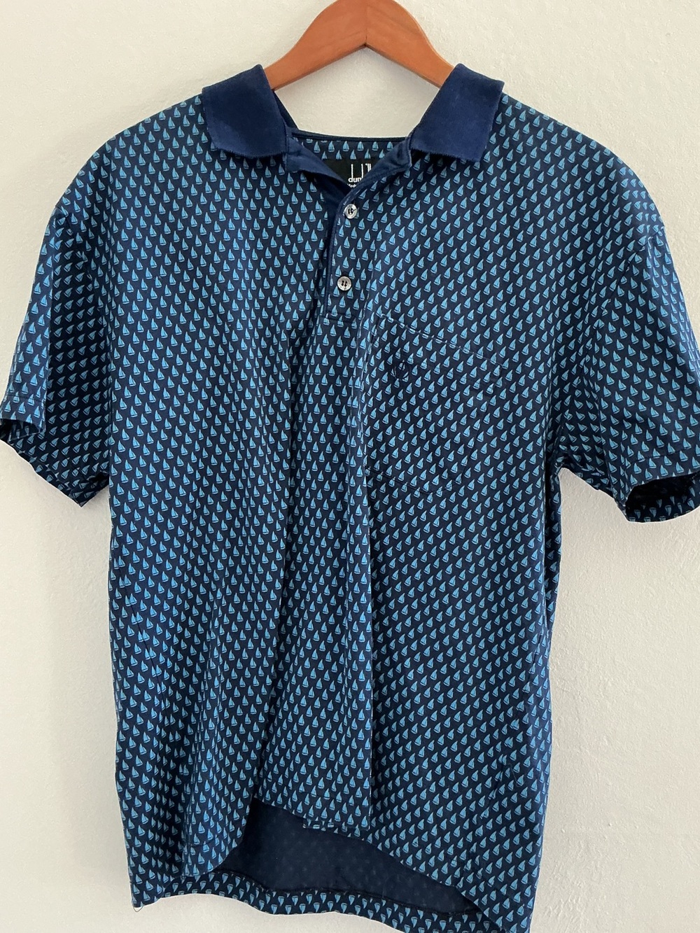 Dunhill Sailboat Print Polo Shirt Navy Blue Mercerized Cotton Made Italy L